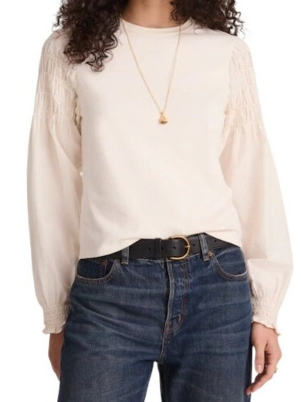 Madewell Smocked Long-Sleeve Tee~Size L~Vintage Ivory Easy Fit Top NWT L16 29